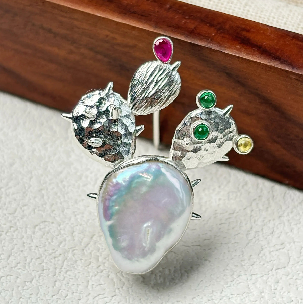 Artisan silver blooming cactus brooch — handmade jewelry product image