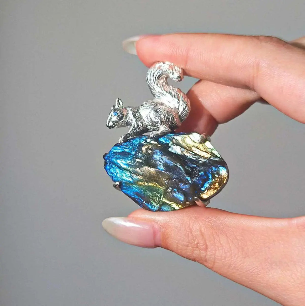 Artisan silver foraging squirrel brooch — handmade jewelry product image
