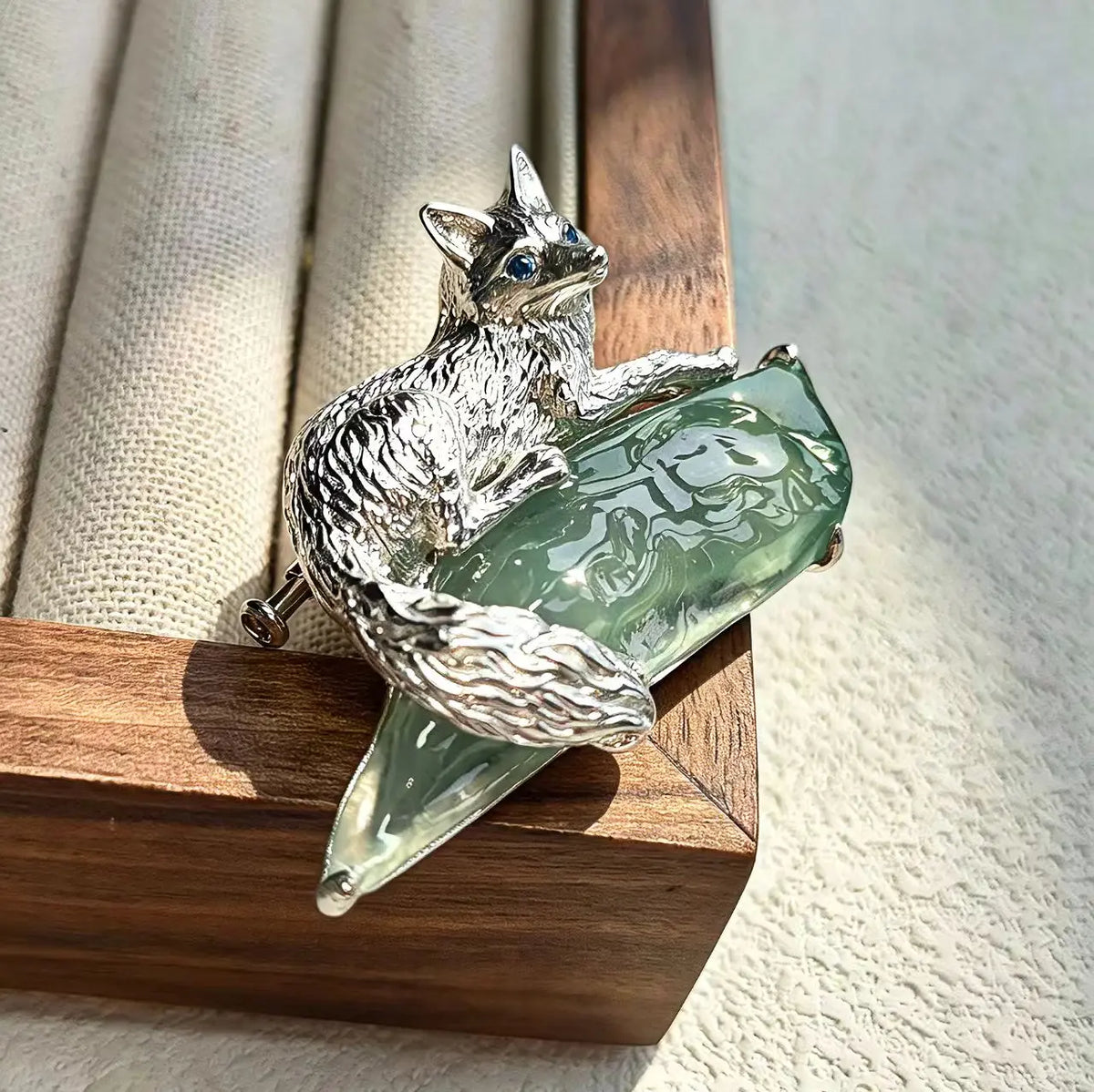 Watchful Fox Convertible Brooch Pendant with Natural Green Jadeite