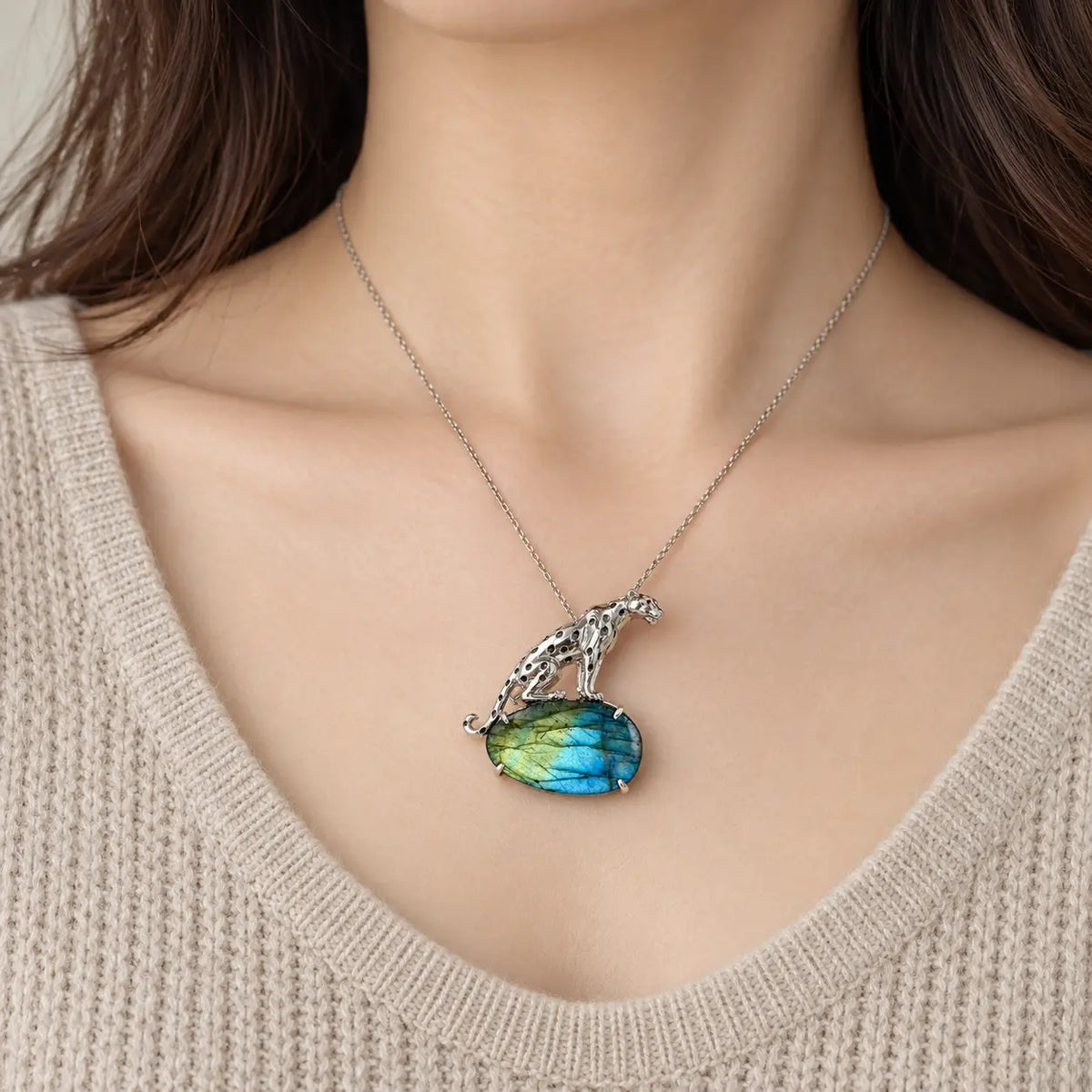 Labradorite Leopard Brooch Pendant in Sterling Silver