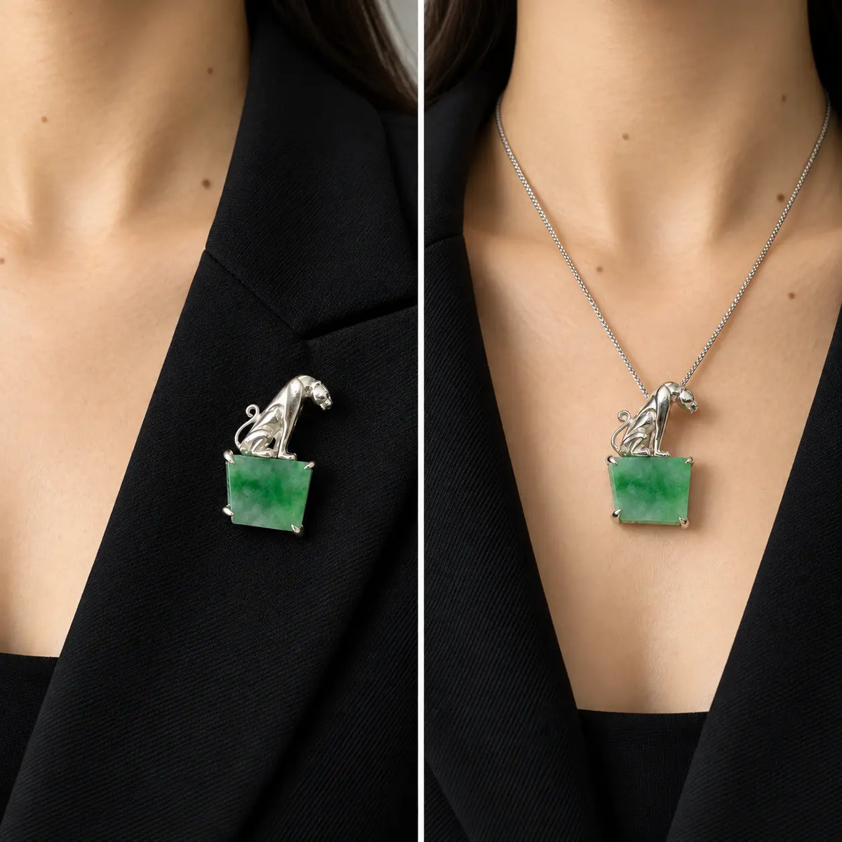 Natural Jadeite Leopard Brooch Pendant in Sterling Silver