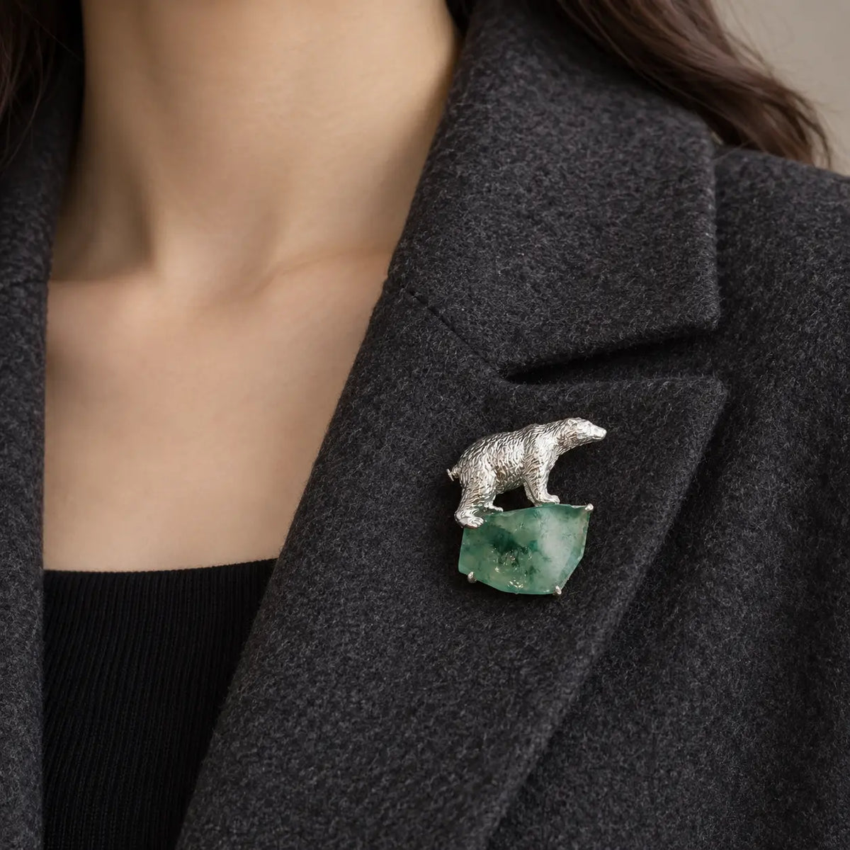 Polar Bear Brooch with Natural Jadeite