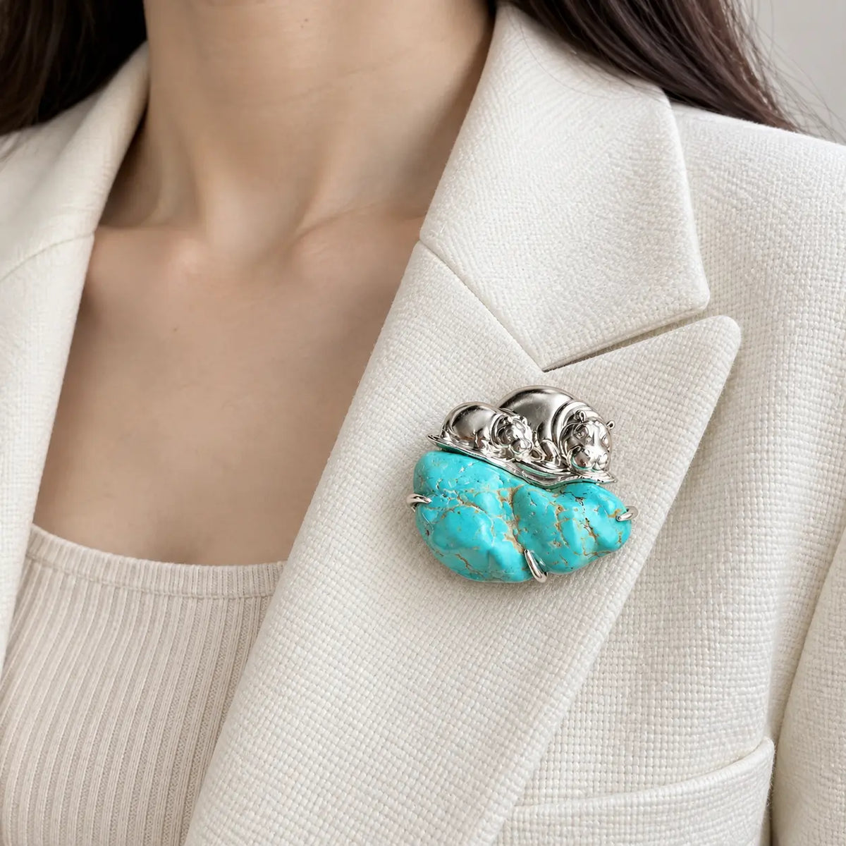 Mother & Calf Hippo Brooch with Turquoise