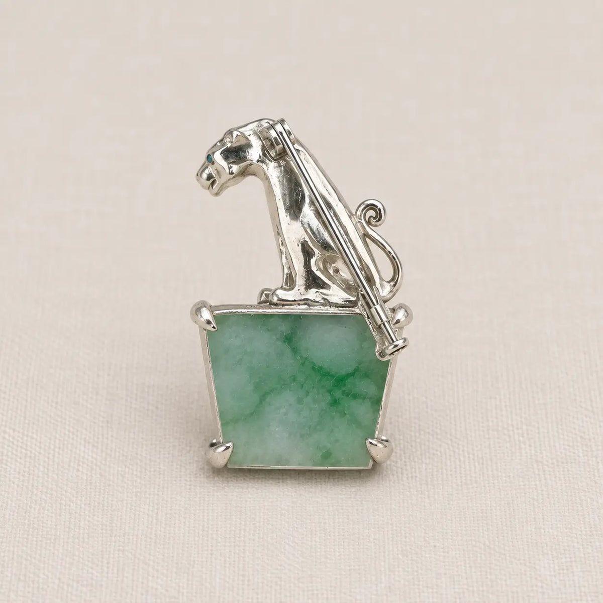 Natural Jadeite Leopard Brooch Pendant in Sterling Silver