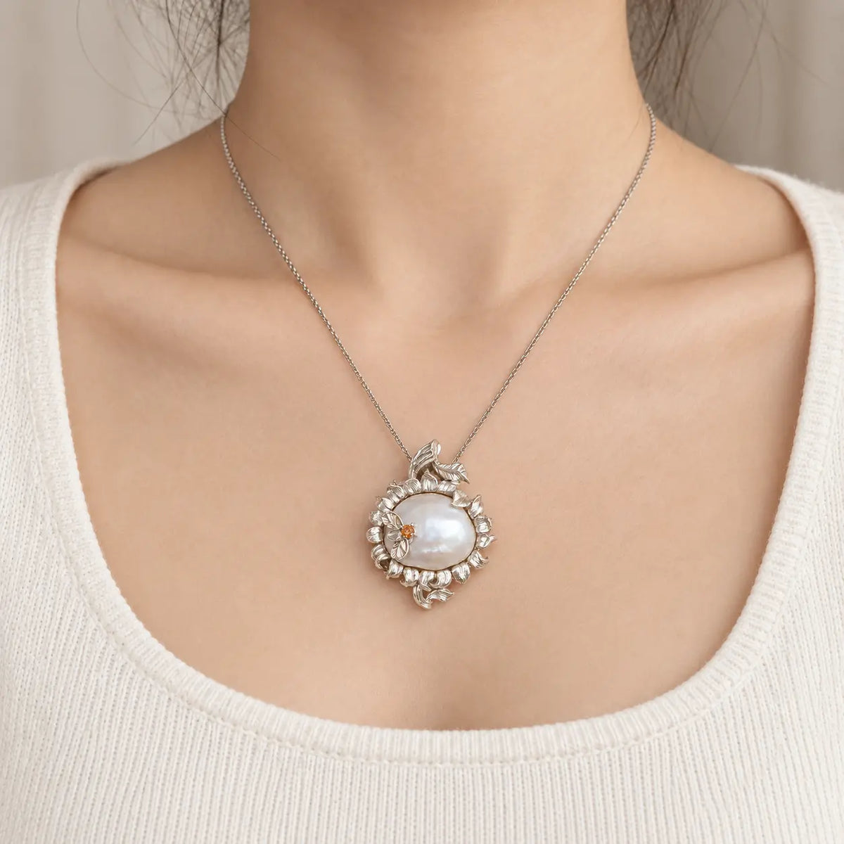 Sunflower Brooch Pendant with Baroque Pearl