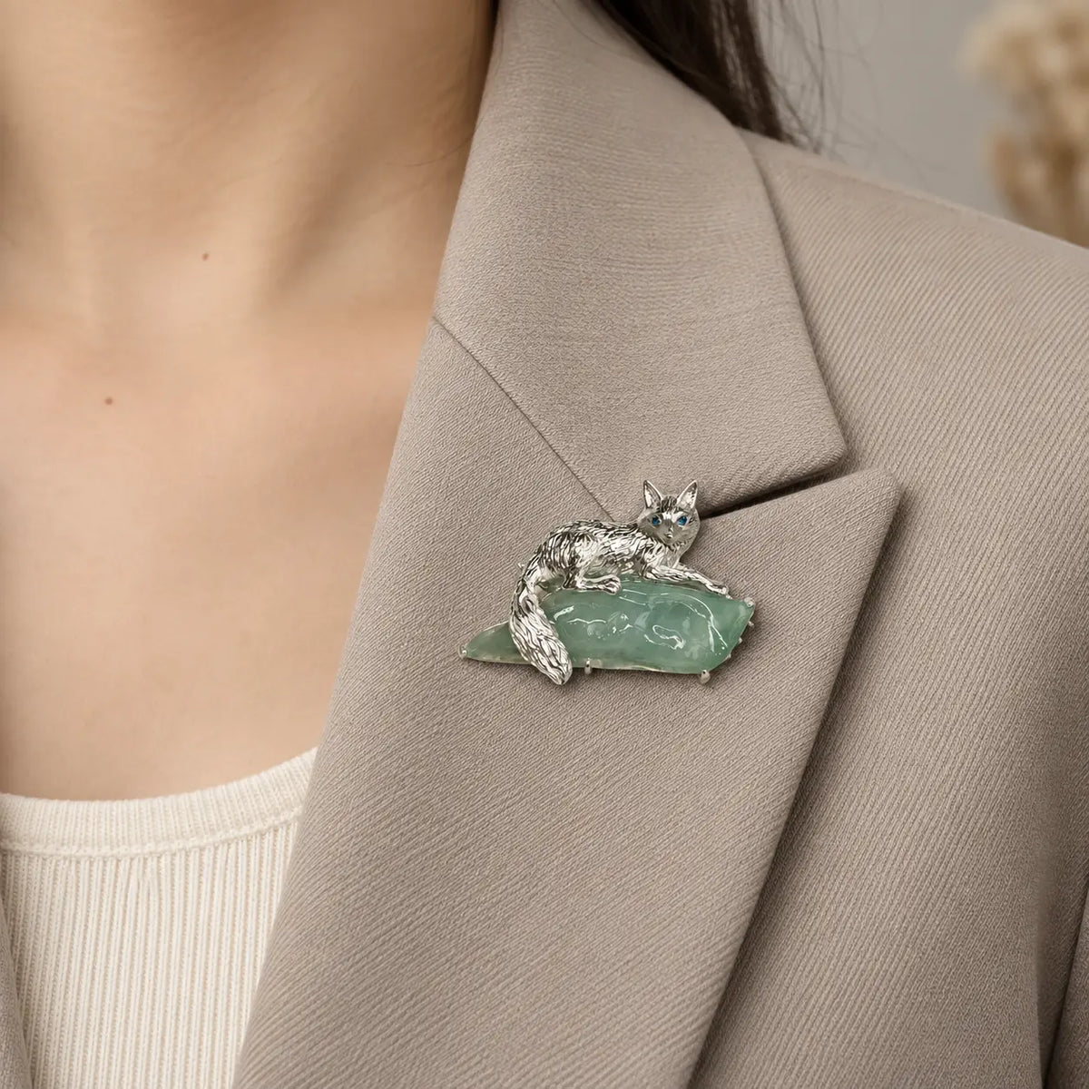 Watchful Fox Convertible Brooch Pendant with Natural Green Jadeite