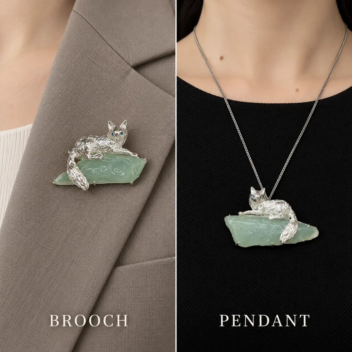 Watchful Fox Convertible Brooch Pendant with Natural Green Jadeite