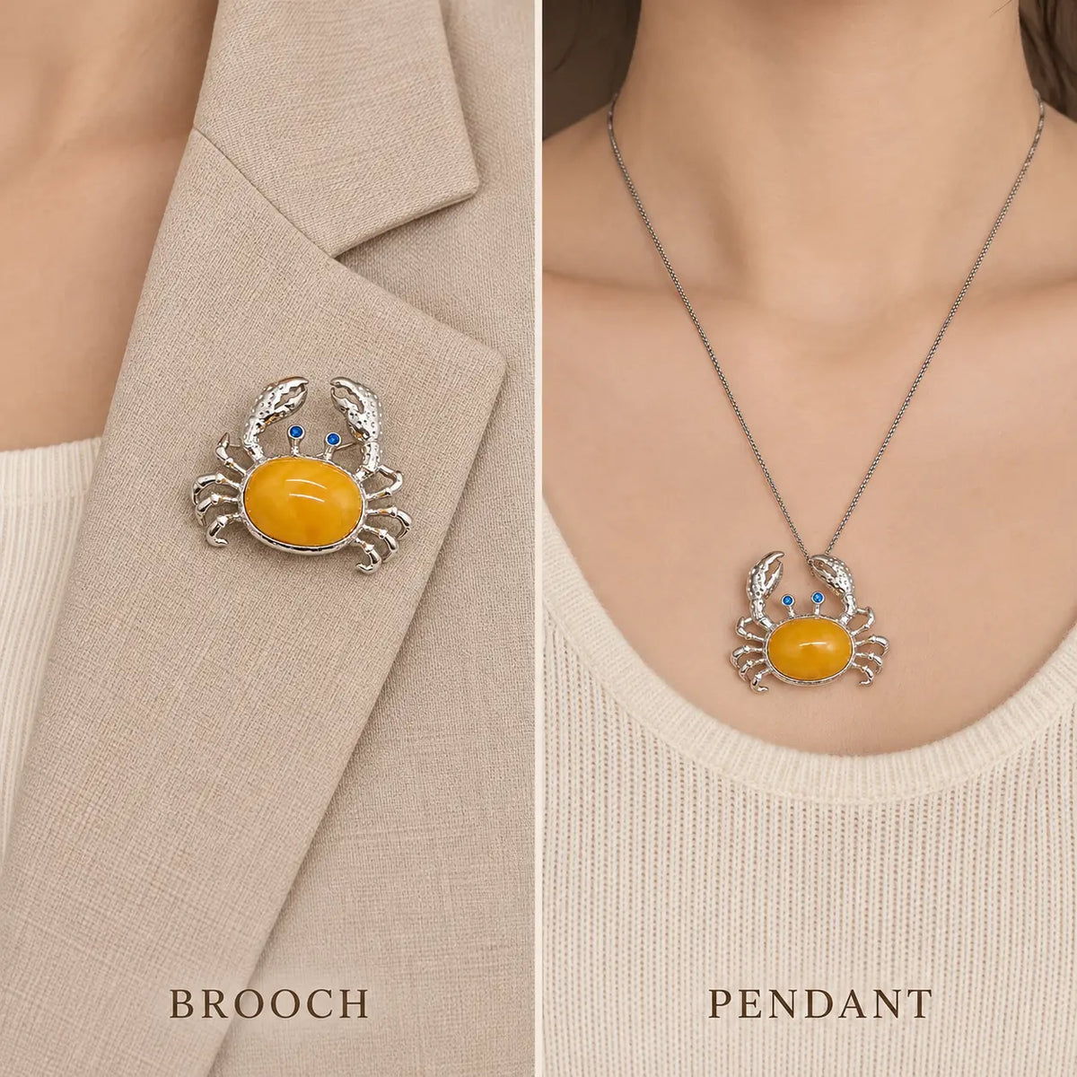 Natural Amber Crab Brooch Pendant in Sterling Silver