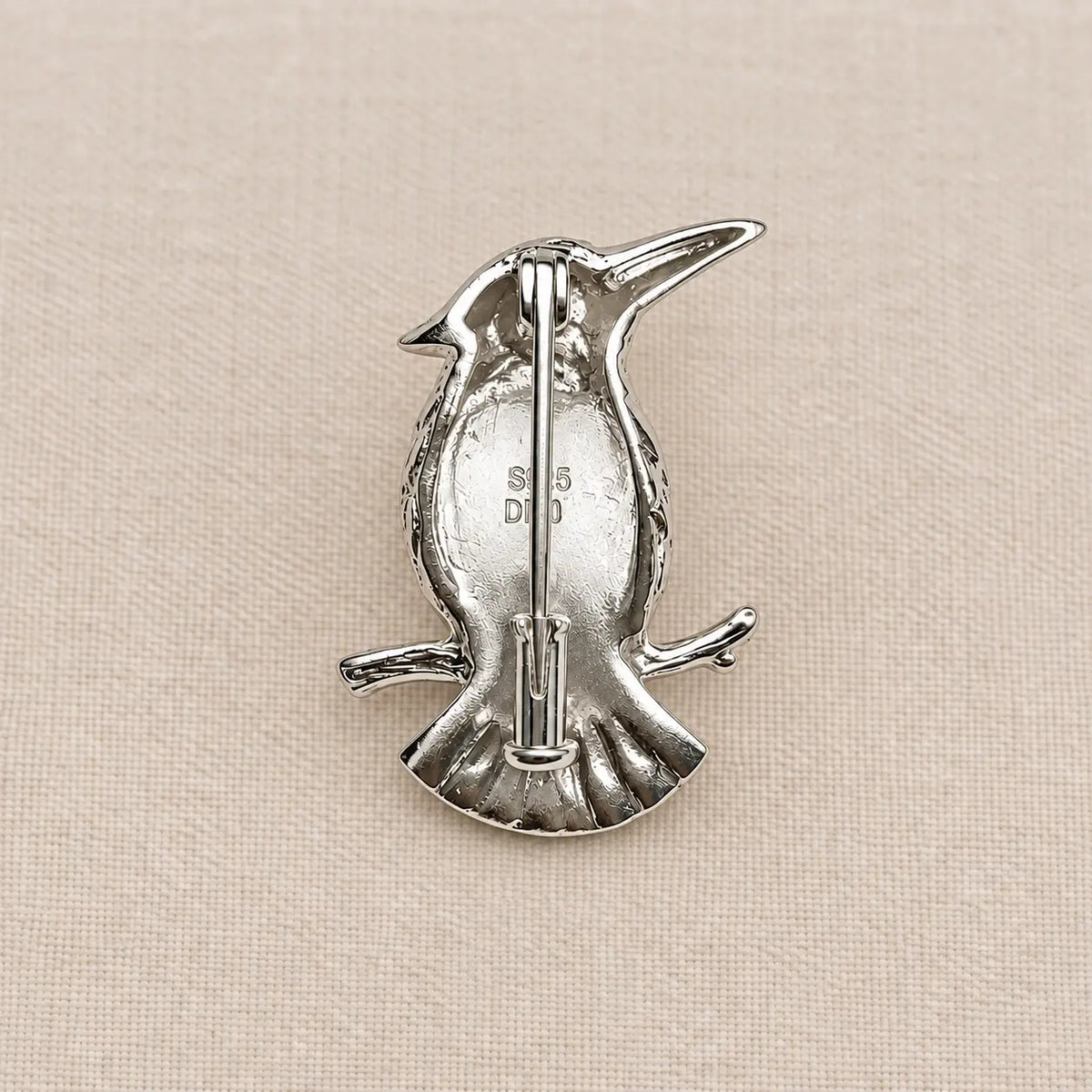 Blue Enamel Bird Brooch Pendant on Branch in Sterling Silver