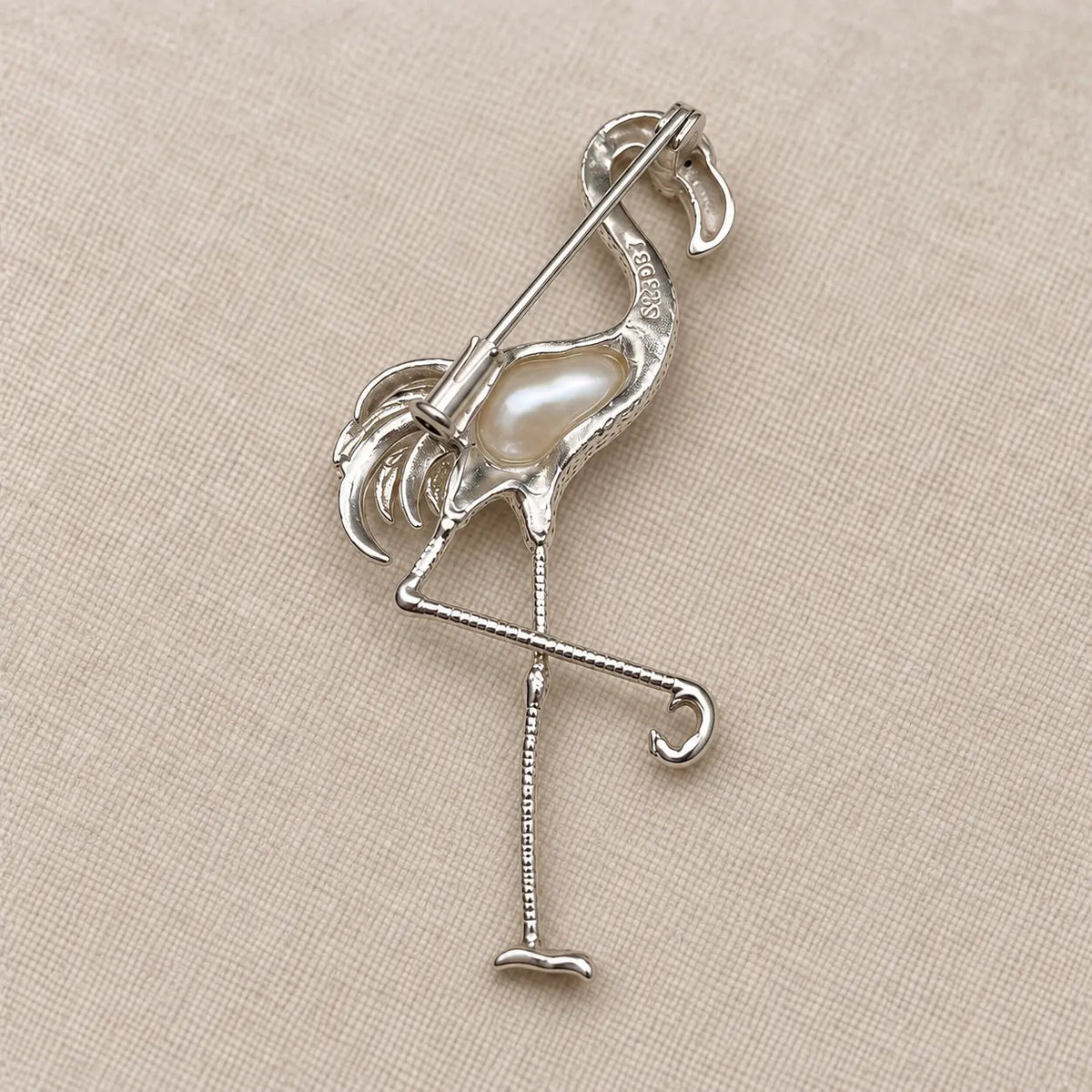 Pearl Flamingo Brooch Pendant in Sterling Silver