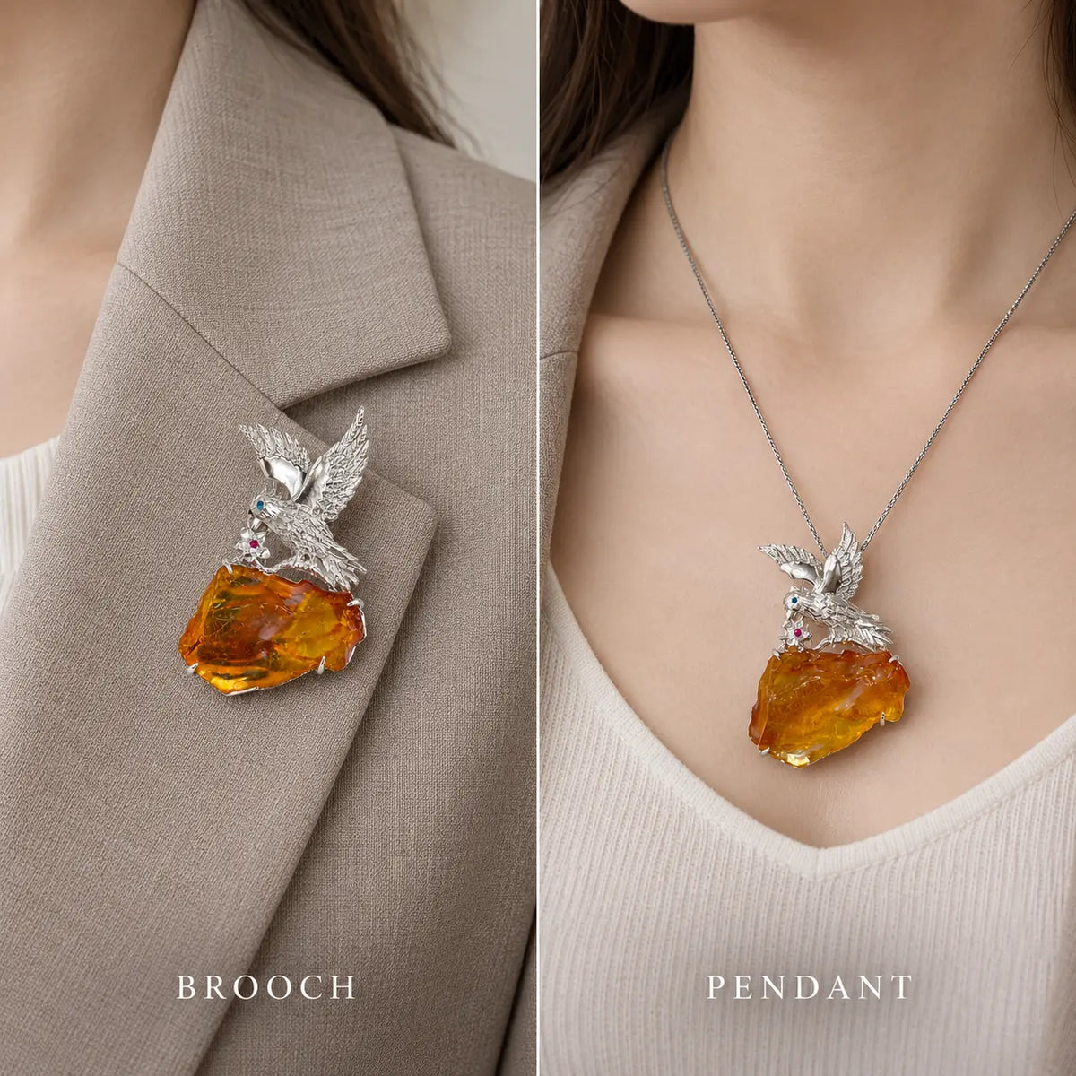 Flying Bird Brooch Pendant with Natural Amber