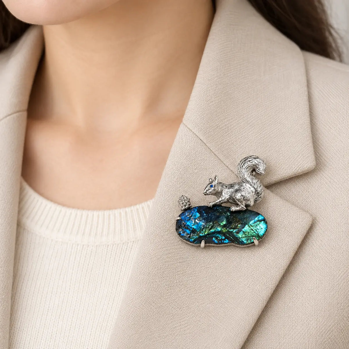 Foraging Squirrel Convertible Brooch Pendant with Labradorite