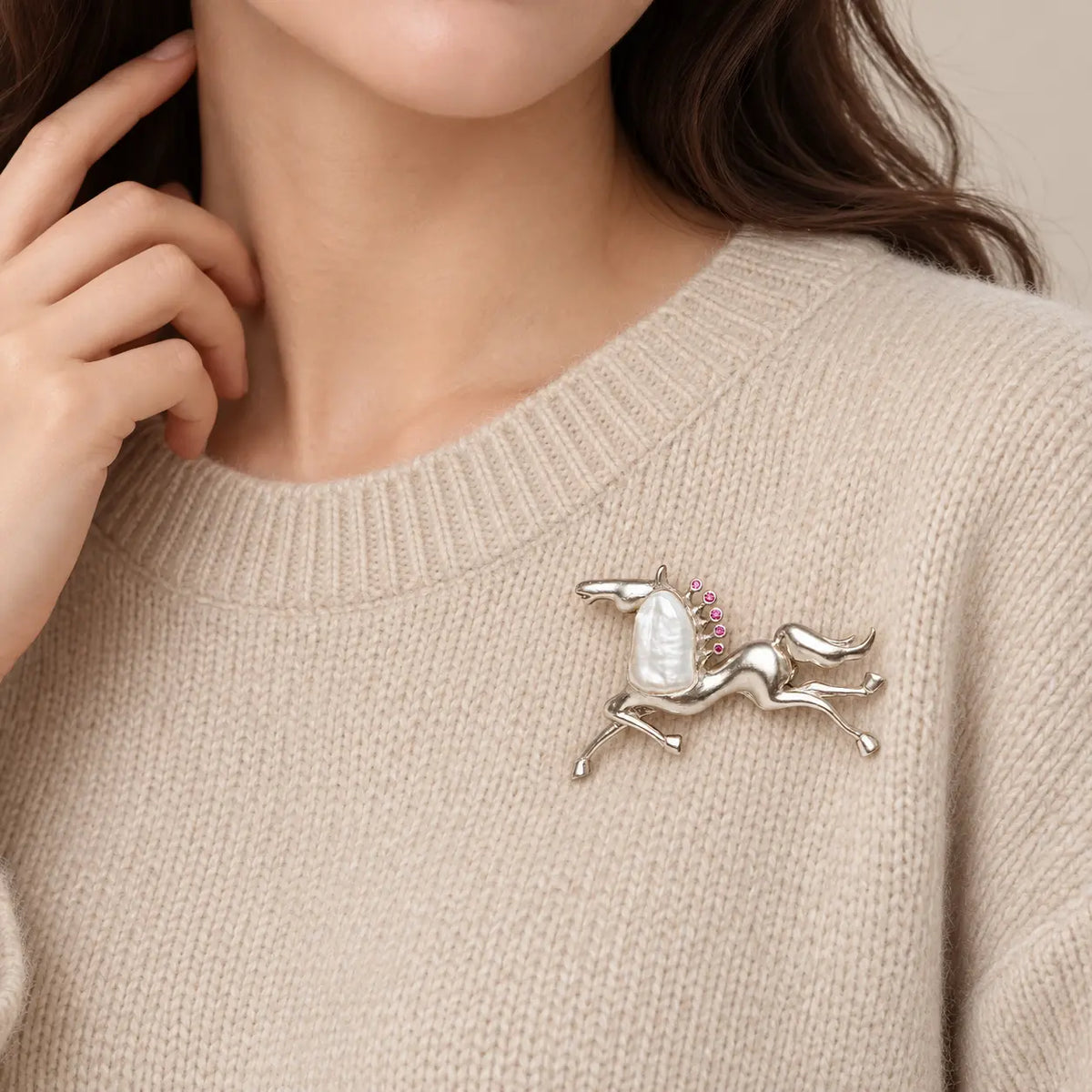 Galloping Horse Brooch with Baroque Pearl