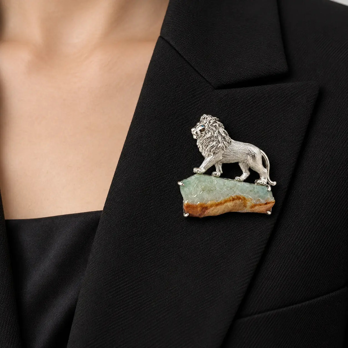 Natural Jadeite Lion Brooch in Sterling Silver