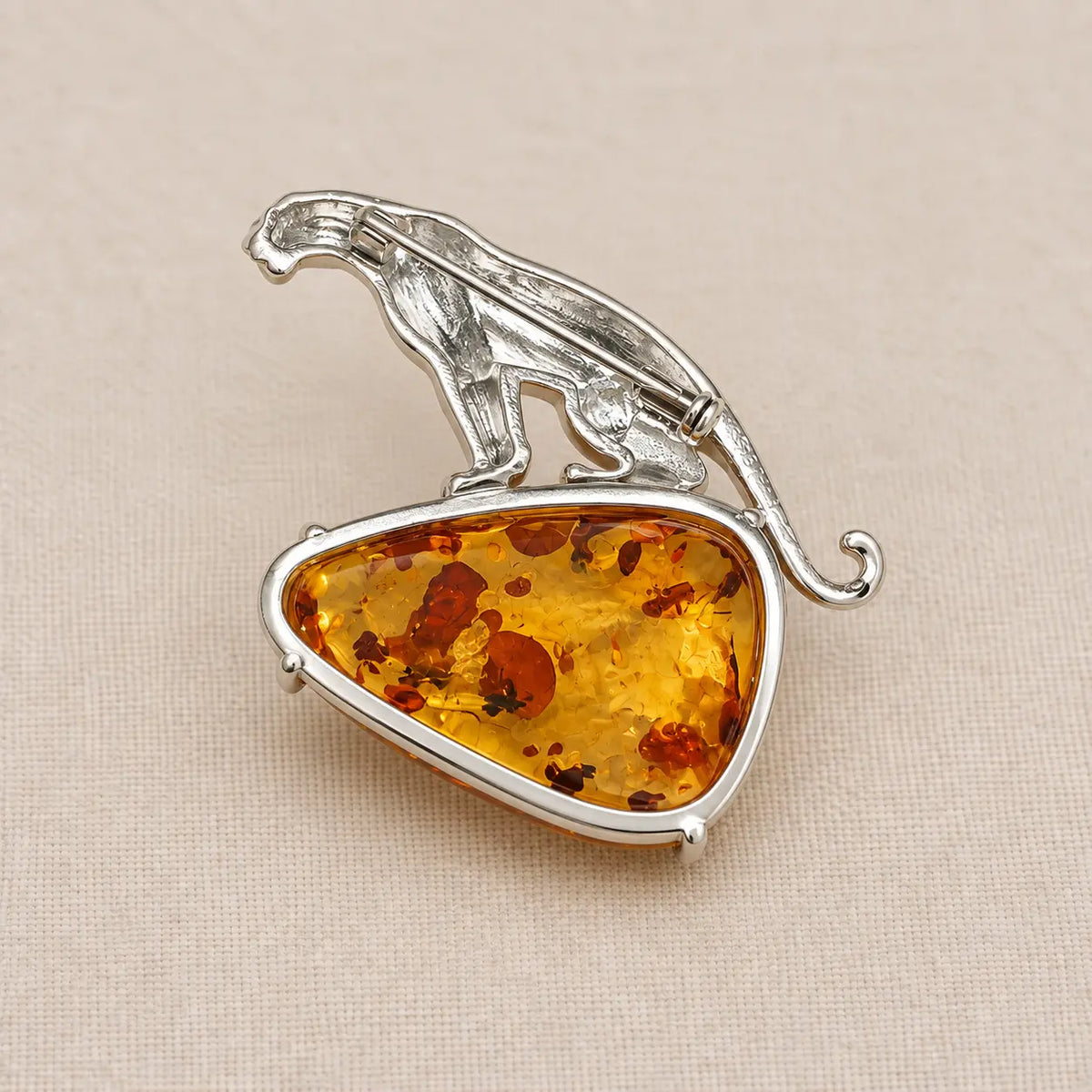 Natural Amber Leopard Brooch Pendant in Sterling Silver