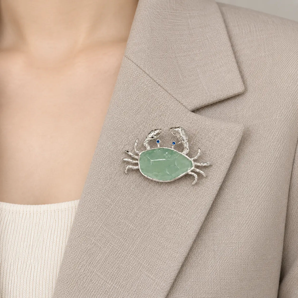 Natural Jadeite Crab Brooch Pendant in Sterling Silver