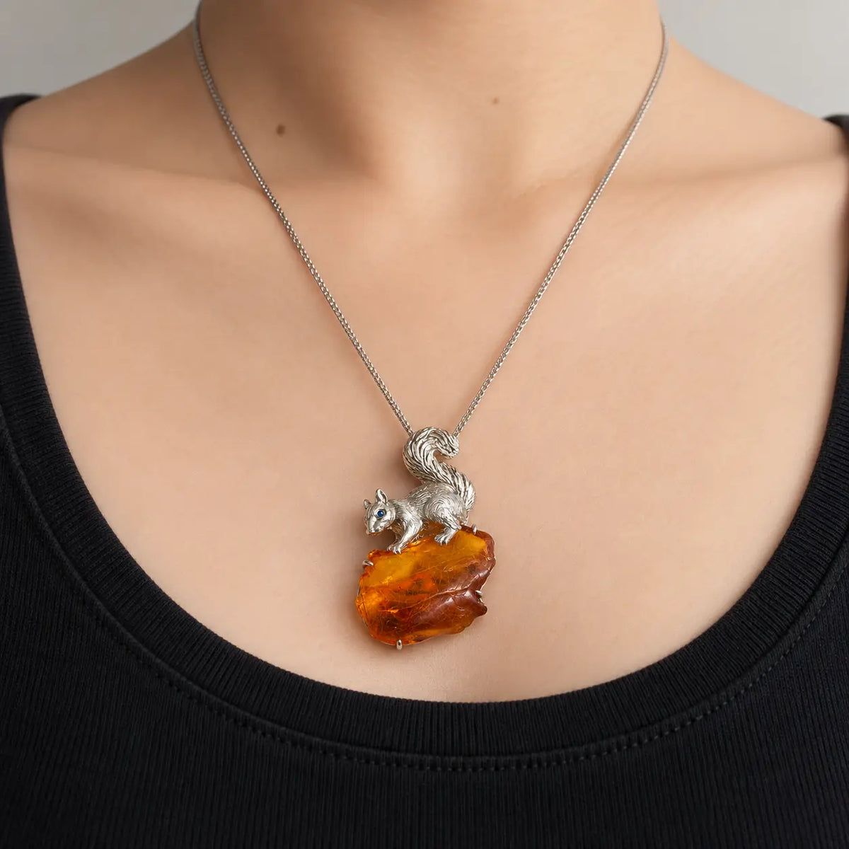 Amber Squirrel Brooch Pendant in Sterling Silver