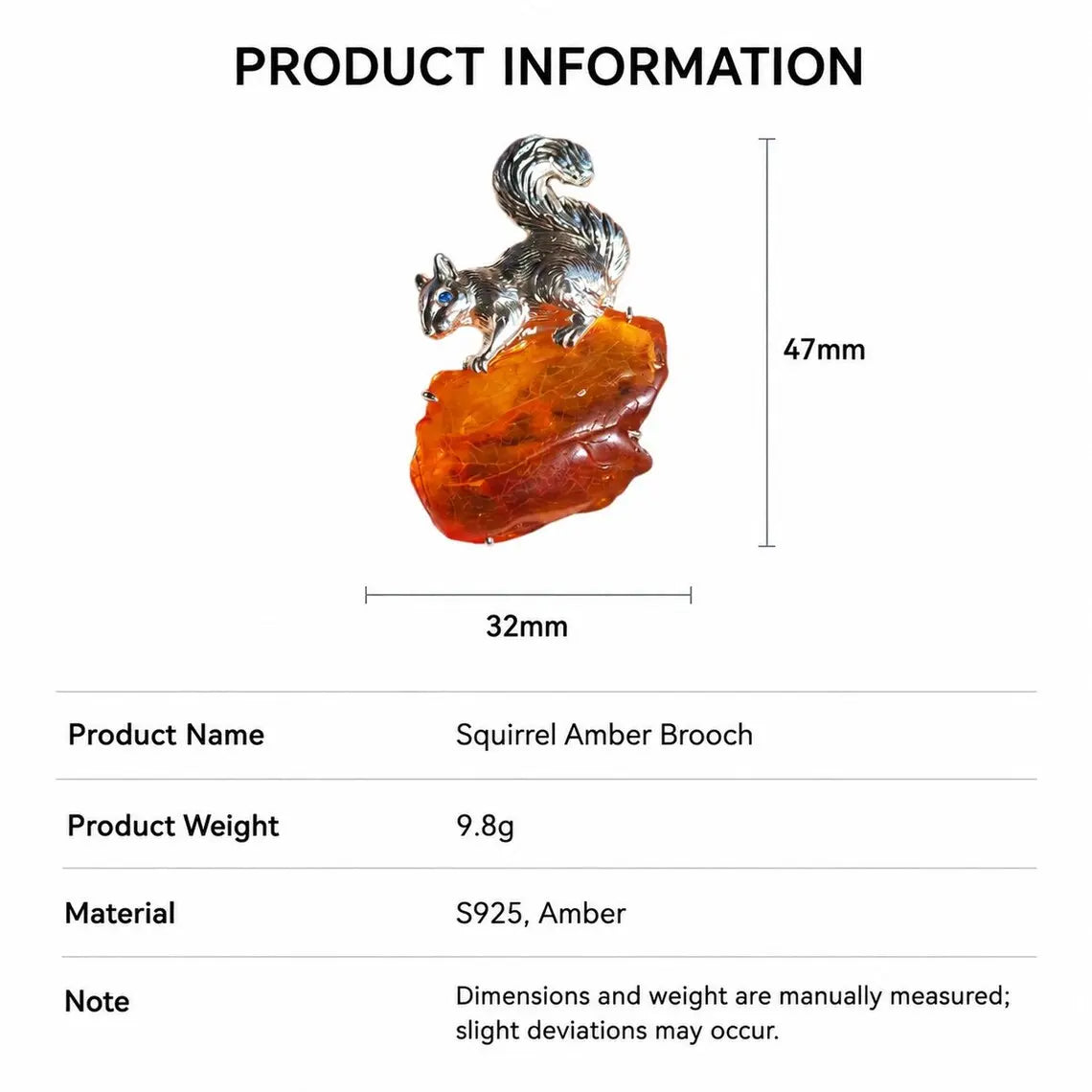 Product information chart: S925 natural amber curled-tail squirrel brooch — size, weight, materials