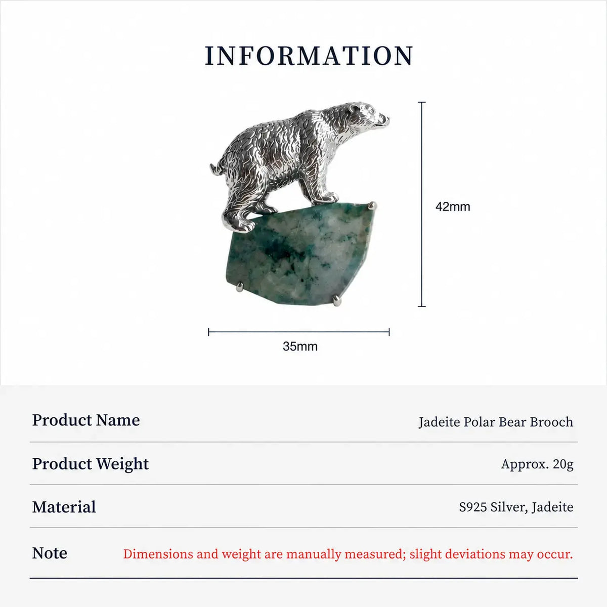 Product information chart: S925 natural jadeite arctic polar bear brooch — size, weight, materials