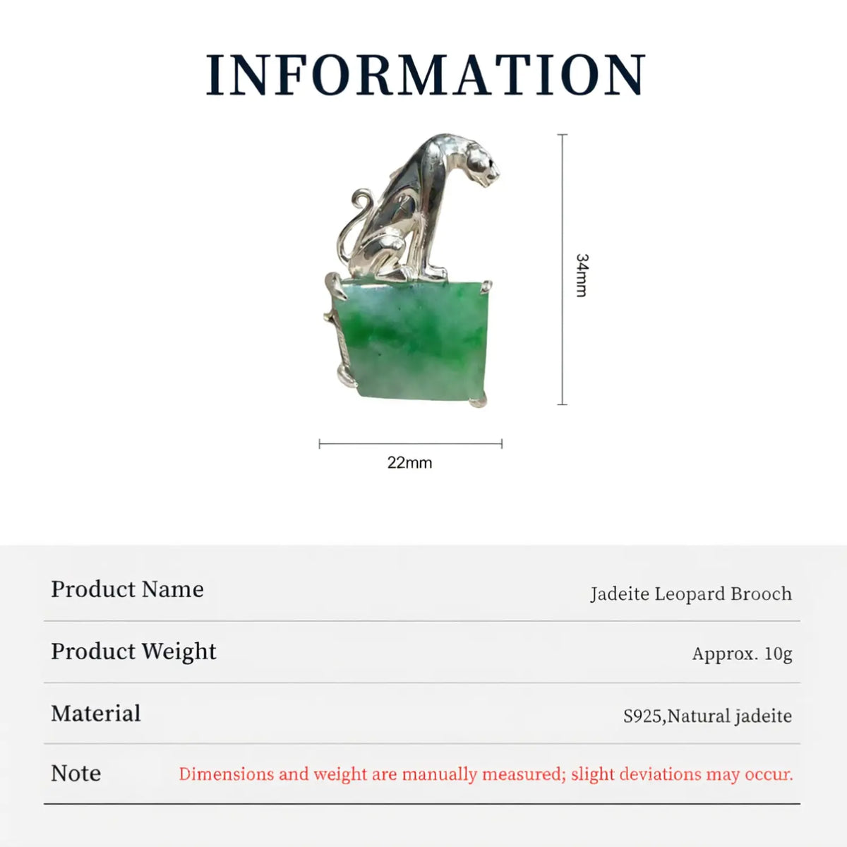 Product information chart: S925 natural green jadeite regal leopard brooch — size, weight, materials