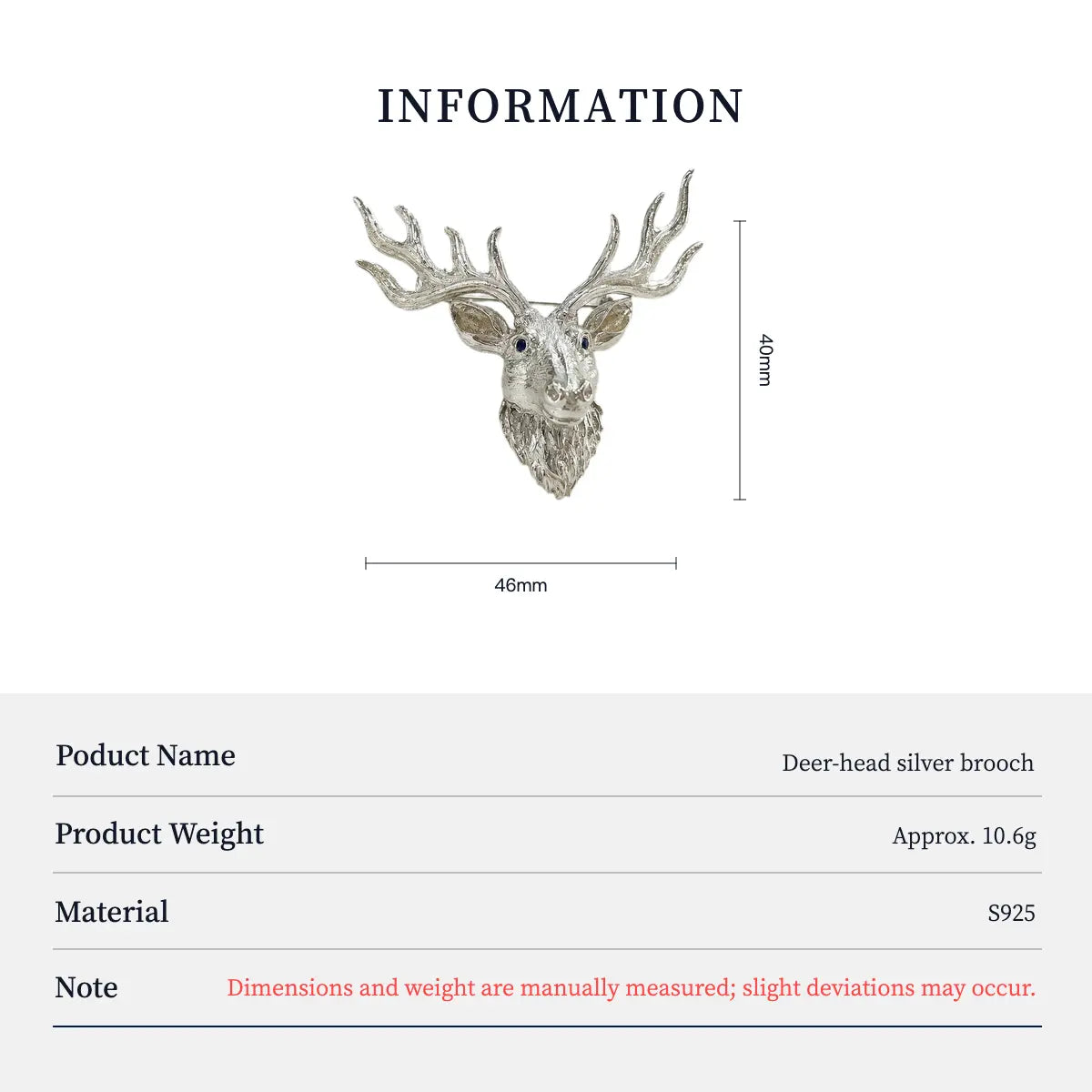 Product information chart: S925 branching antlers majestic stag brooch — size, weight, materials