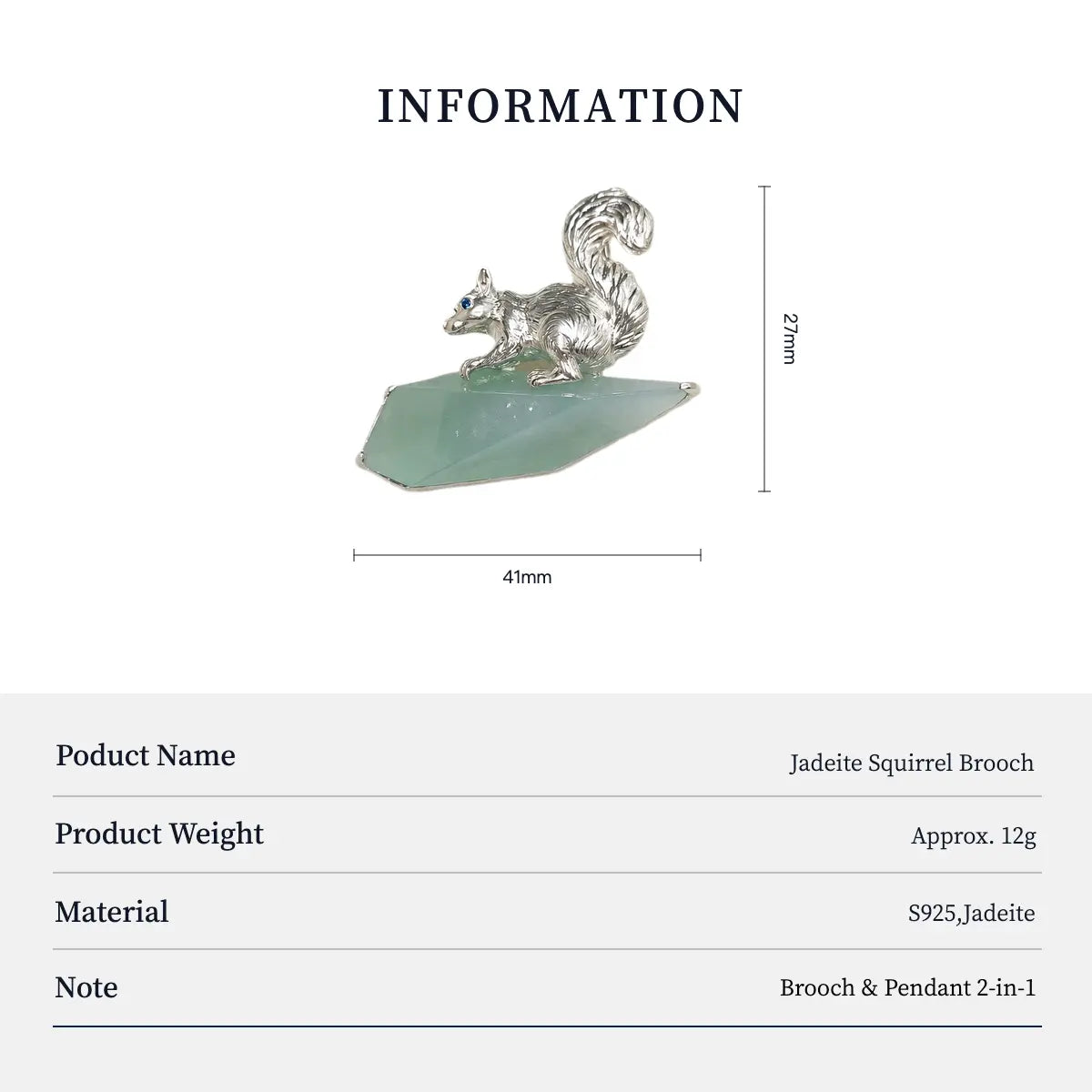 Natural Jadeite Squirrel Brooch Pendant in Sterling Silver
