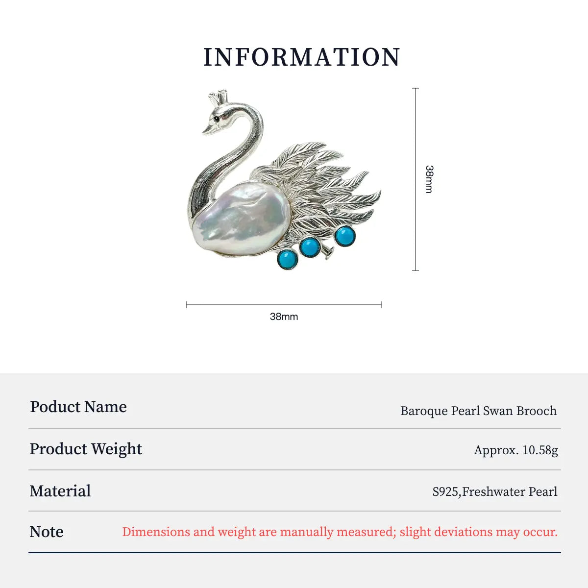 Product information chart: S925 baroque pearl crowned swan brooch — size, weight, materials