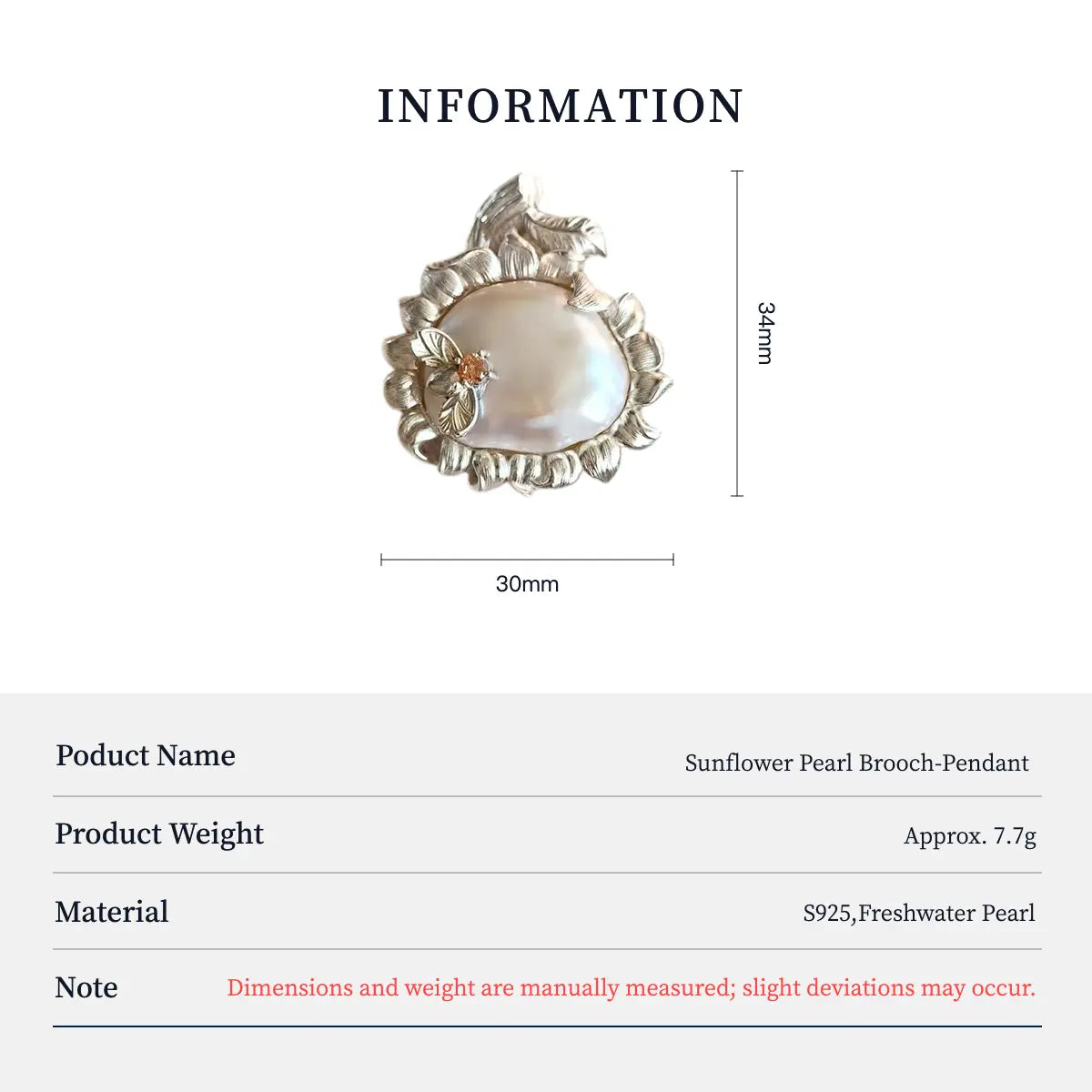Product information chart: S925 baroque pearl radiant sunflower brooch — size, weight, materials
