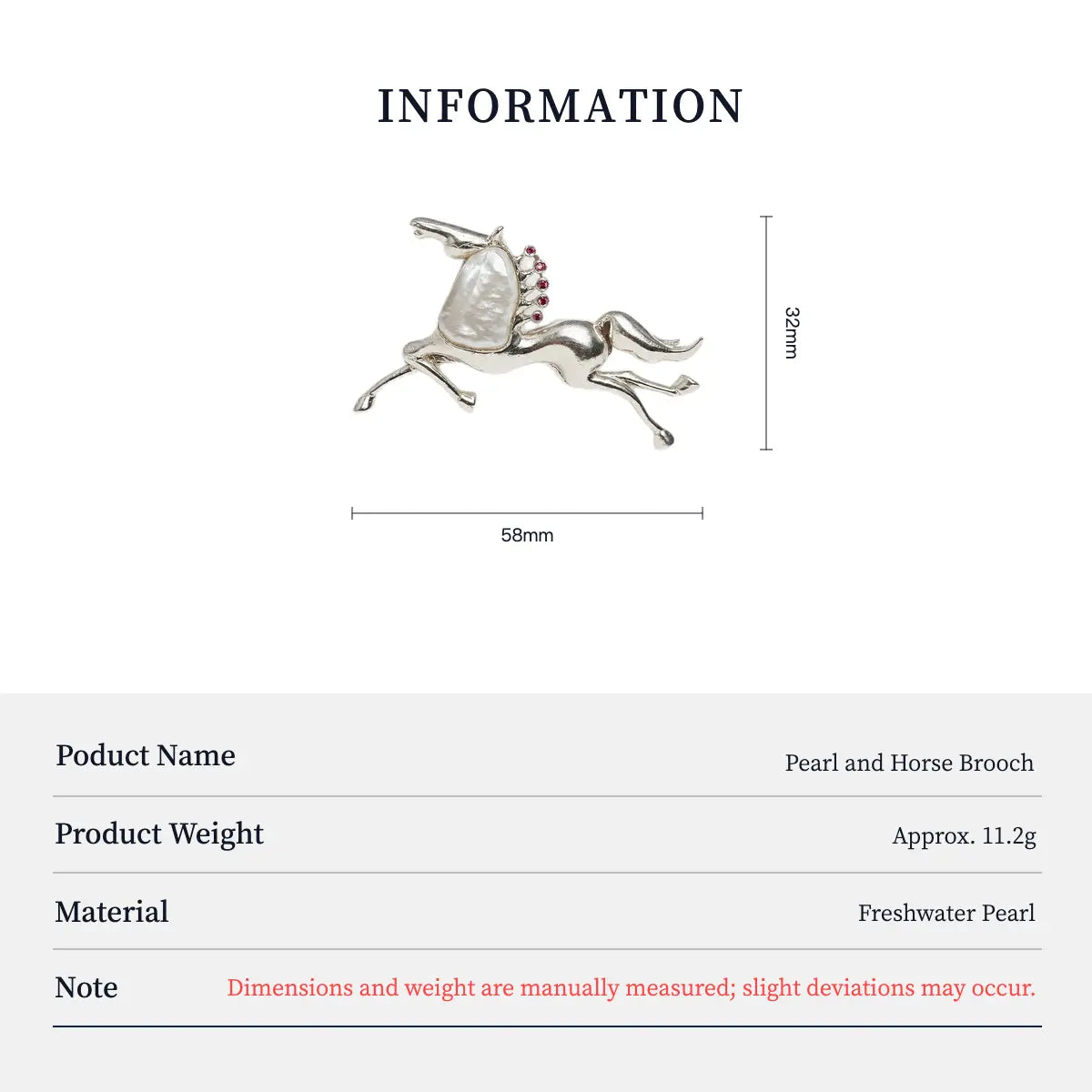 Product information chart: S925 baroque pearl galloping horse brooch — size, weight, materials