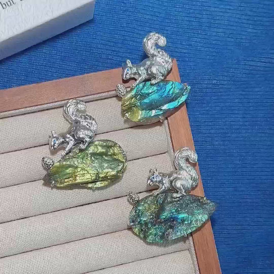 Foraging Squirrel Convertible Brooch Pendant with Labradorite