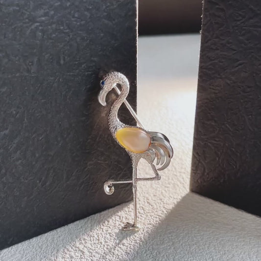 Pearl Flamingo Brooch Pendant in Sterling Silver